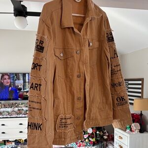 Trendy Tan Utility Jacket with Text patches great condition
